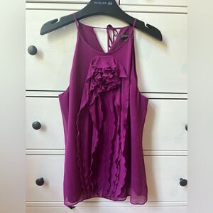 ANN Taylor 100% silk top PURPLE SLEEVELESS RUFFLE FRONT SHIRT WOMENS Size S